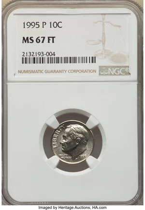 image for: 1995-P 10C MS67 Full Bands NGC. NGC Census: (38/10). PCGS Population: (21/1). CDN: $300 Whsle. Bid for NGC/PCGS MS67. ...