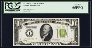 image for: Fr. 2002-I $10 1928B Light Green Seal Federal Reserve Note. PCGS Gem New 65PPQ....
