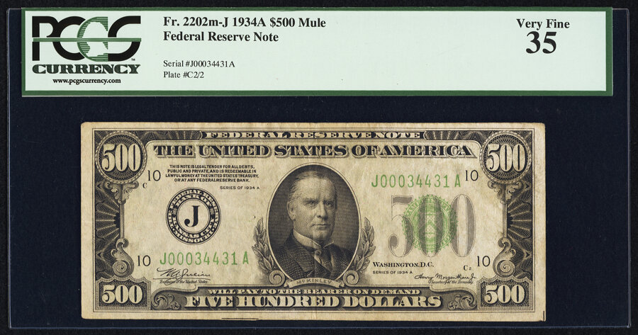 image for: Fr. 2202-J $500 1934A Mule Federal Reserve Note. PCGS Very Fine 35....