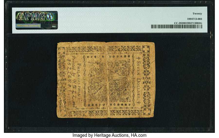 image for: Continental Currency February 17, 1776 $7 PMG Very Fine 20....