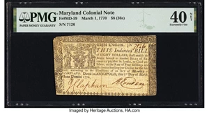 image for: Maryland March 1, 1770 $8 PMG Extremely Fine 40 Net....