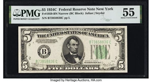image for: Fr. 1959-B $5 1934C Narrow Federal Reserve Note. PMG About Uncirculated 55....