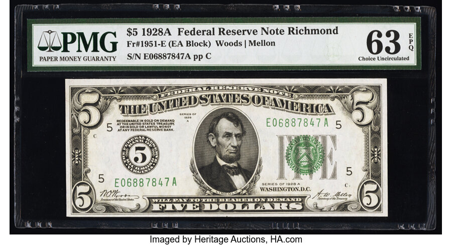 image for: Fr. 1951-E $5 1928A Federal Reserve Note. PMG Choice Uncirculated 63 EPQ....