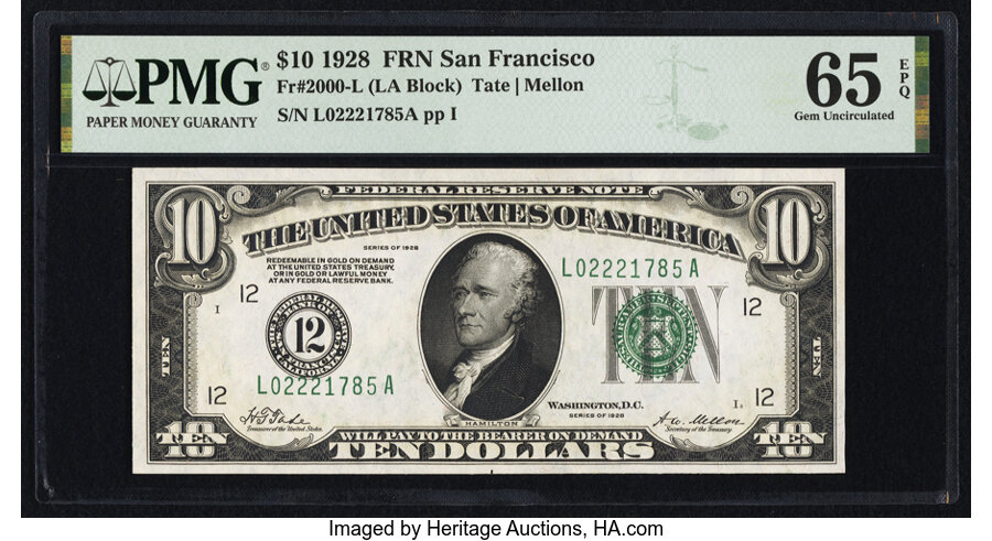 image for: Fr. 2000-L $10 1928 Federal Reserve Note. PMG Gem Uncirculated 65 EPQ....