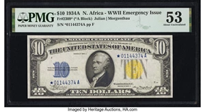 image for: Fr. 2309* $10 1934A North Africa Silver Certificate Star. PMG About Uncirculated 53....
