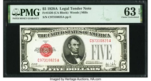 image for: Fr. 1526 $5 1928A Legal Tender Note. PMG Choice Uncirculated 63 EPQ....