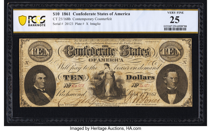image for: CT25/168b $10 1861 Counterfeit PCGS Banknote Very Fine 25....