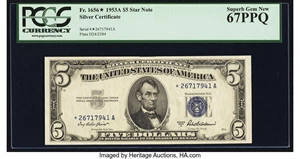 image for: Fr. 1656* $5 1953A Silver Certificate Star. PCGS Superb Gem New 67PPQ....