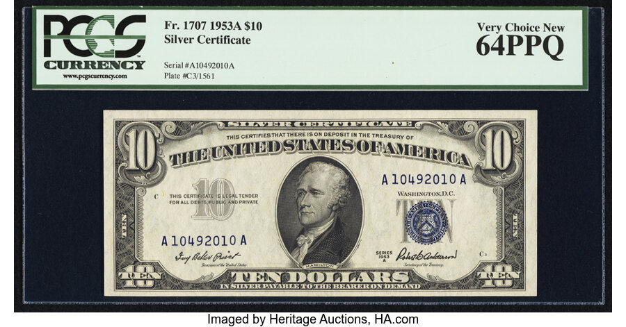 image for: Fr. 1707 $10 1953A Silver Certificate. PCGS Very Choice New 64PPQ....
