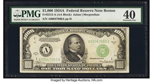 image for: Fr. 2212-A $1,000 1934A Federal Reserve Note. PMG Extremely Fine 40....