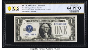 image for: Fr. 1604 $1 1928D Silver Certificate. PCGS Banknote Choice Unc 64 PPQ....