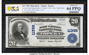 image for: Topeka, KS - $20 1902 Plain Back Fr. 658 The Kaw Valley National Bank Ch. # 11398 PCGS Banknote Choice Unc 64 PPQ....