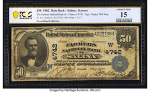 image for: Salina, KS - $50 1902 Date Back Fr. 671 The Farmers National Bank Ch. # (W)4742 PCGS Banknote Choice Fine 15....