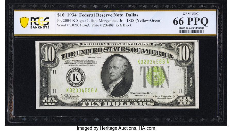 image for: Fr. 2004-K $10 1934 Light Green Seal Federal Reserve Note. PCGS Banknote Gem Unc 66 PPQ....