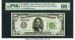image for: Fr. 1952-H $5 1928B Federal Reserve Note. PMG Gem Uncirculated 66 EPQ....