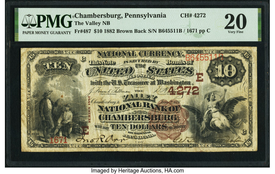 image for: Chambersburg, PA - $10 1882 Brown Back Fr. 487 The Valley National Bank Ch. # (E)4272 PMG Very Fine 20....