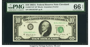 image for: Fr. 2017-D* $10 1963A Federal Reserve Star Note. PMG Gem Uncirculated 66 EPQ....