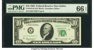 image for: Fr. 2016-K $10 1963 Federal Reserve Note. PMG Gem Uncirculated 66 EPQ....