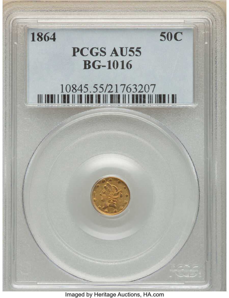 image for: 1864 50C Liberty Round 50 Cents, BG-1016, R.4, AU55 PCGS. PCGS Population: (10/57). NGC Census: (3/22). AU55. ...