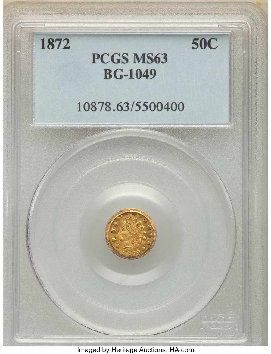 image for: 1872 50C Indian Round 50 Cents, BG-1049, R.4, MS63 PCGS. PCGS Population: (33/31). NGC Census: (0/6). MS63. ...