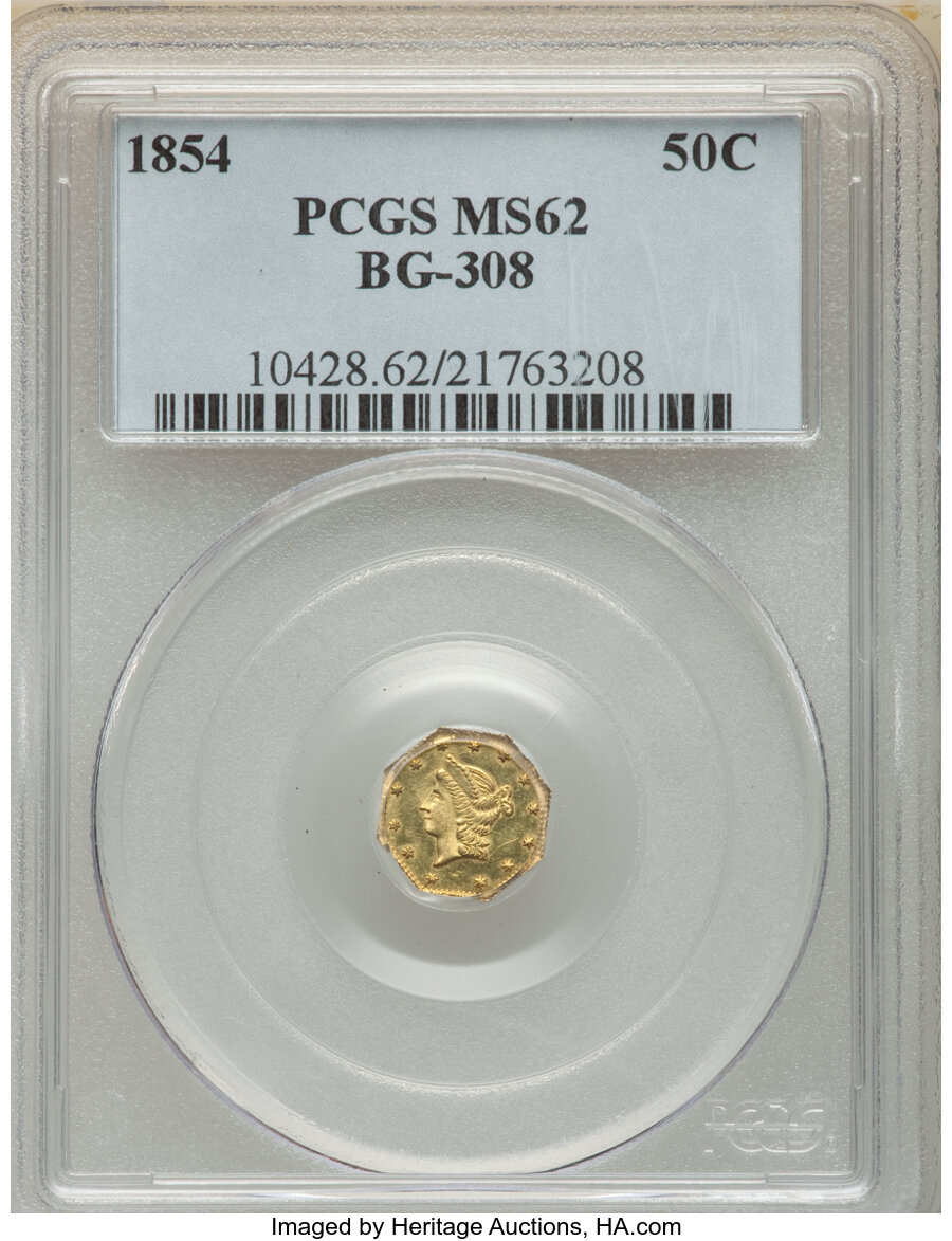 image for: 1854 50C Liberty Octagonal 50 Cents, BG-308, R.4, MS62 PCGS. PCGS Population: (42/24). NGC Census: (13/5). MS62. ...
