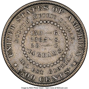 image for: 1879 $1 Goloid Metric Dollar, Judd-1626, Pollock-1822, R.4, PR40 NGC. NGC Census: (1/57). PCGS Population: (2/129)....
