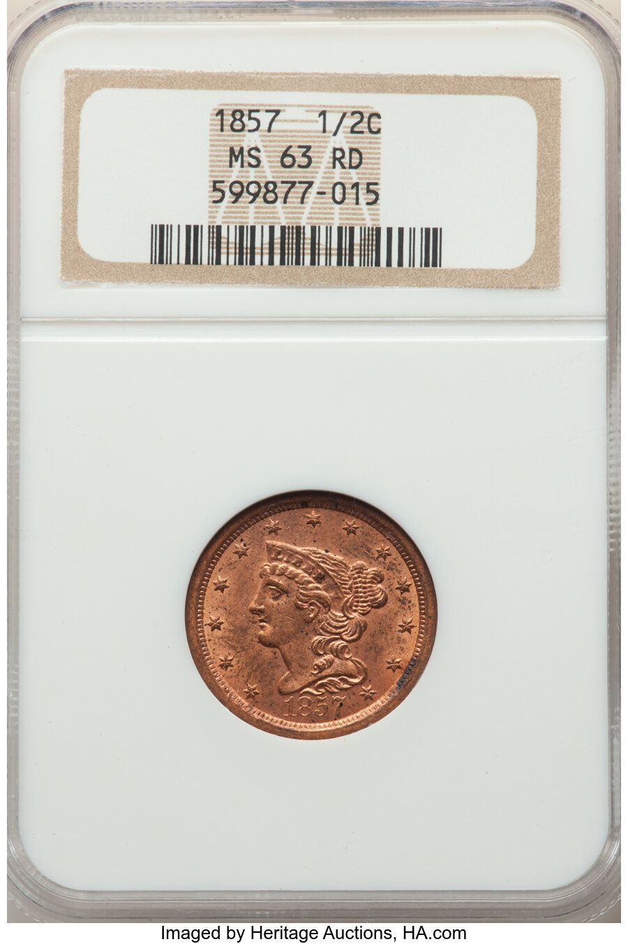 image for: 1857 1/2C MS63 Red NGC. NGC Census: (0/0). PCGS Population: (0/0)....