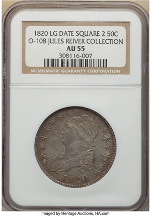 image for: 1820 50C Square Base 2, Large Date, No Knob, O-108, R.2, AU55 NGC. Ex: Jules Reiver Collection. NGC Census: (7/10). PCGS Po...