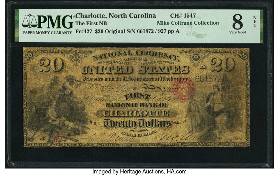 image for: Charlotte, NC - $20 Original Fr. 427 The First National Bank Ch. # 1547 PMG Very Good 8 Net....