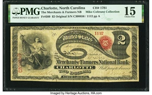image for: Charlotte, NC - $2 Original Fr. 389 The Merchants & Farmers National Bank Ch. # 1781 PMG Choice Fine 15....