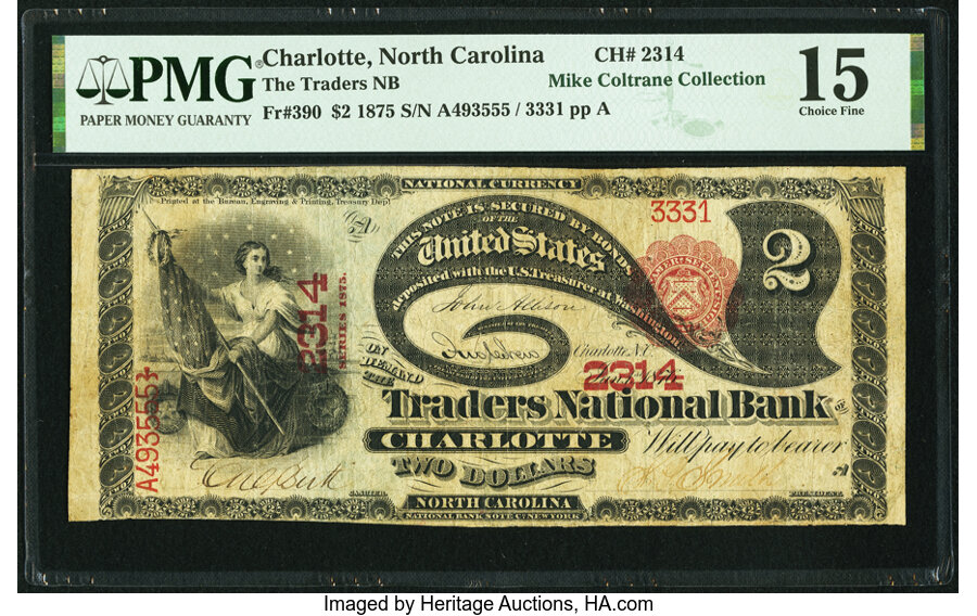 image for: Charlotte, NC - $2 1875 Fr. 390 The Traders National Bank Ch. # 2314 PMG Choice Fine 15....