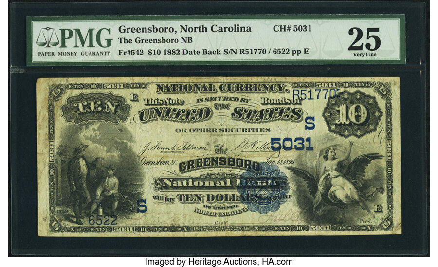 image for: Greensboro, NC - $10 1882 Date Back Fr. 542 The Greensboro National Bank Ch. # (S)5031 PMG Very Fine 25....