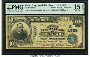 image for: Mount Airy, NC - $10 1902 Plain Back Fr. 629 The First National Bank Ch. # (S)4896 PMG Choice Fine 15 Net....