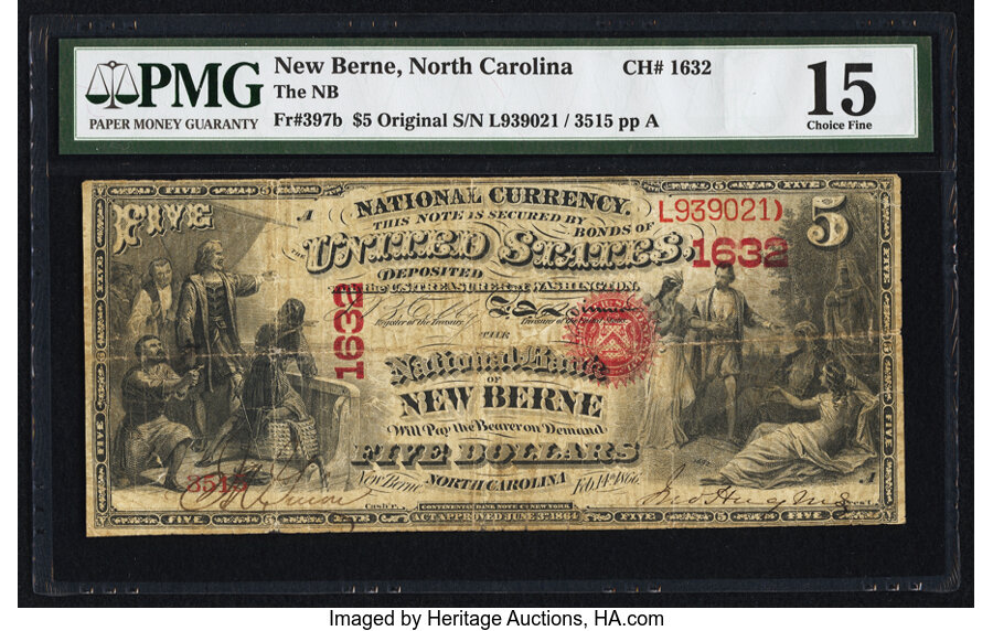 image for: New Berne, NC - $5 Original Fr. 397b The National Bank of New Berne Ch. # 1632 PMG Choice Fine 15....