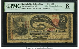 image for: Raleigh, NC - $2 1875 Fr. 391 The Raleigh National Bank of North Carolina Ch. # 1557 PMG Very Good 8....