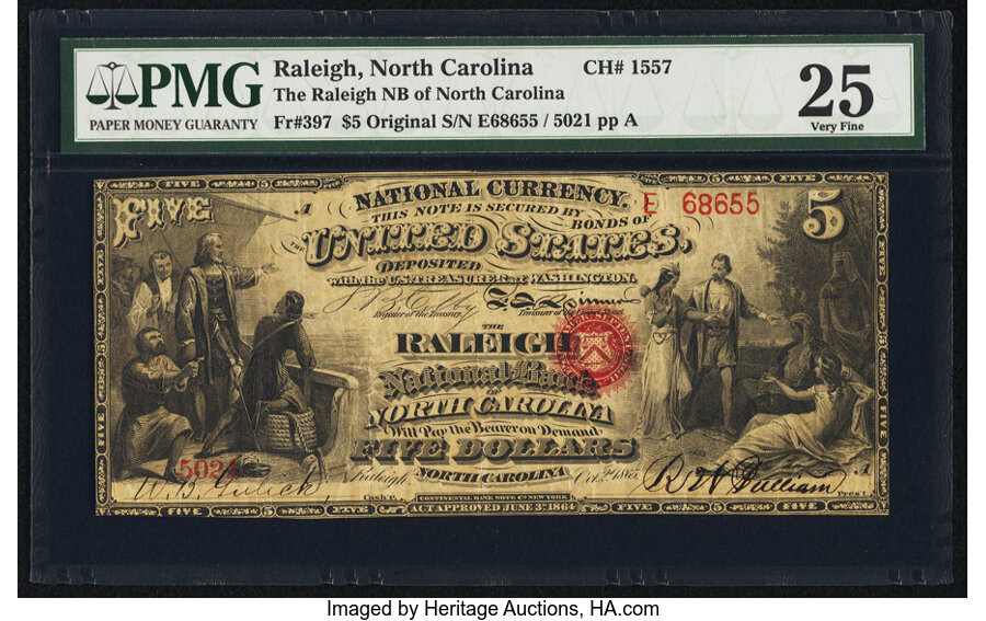 image for: Raleigh, NC - $5 Original Fr. 397 The Raleigh National Bank of North Carolina Ch. # 1557 PMG Very Fine 25....