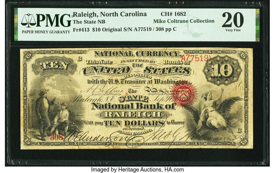 image for: Raleigh, NC - $10 Original Fr. 413 The State National Bank Ch. # 1682 PMG Very Fine 20....