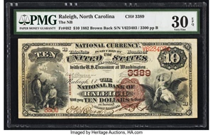 image for: Raleigh, NC - $10 1882 Brown Back Fr. 482 The National Bank of Raleigh Ch. # 3389 PMG Very Fine 30 EPQ....