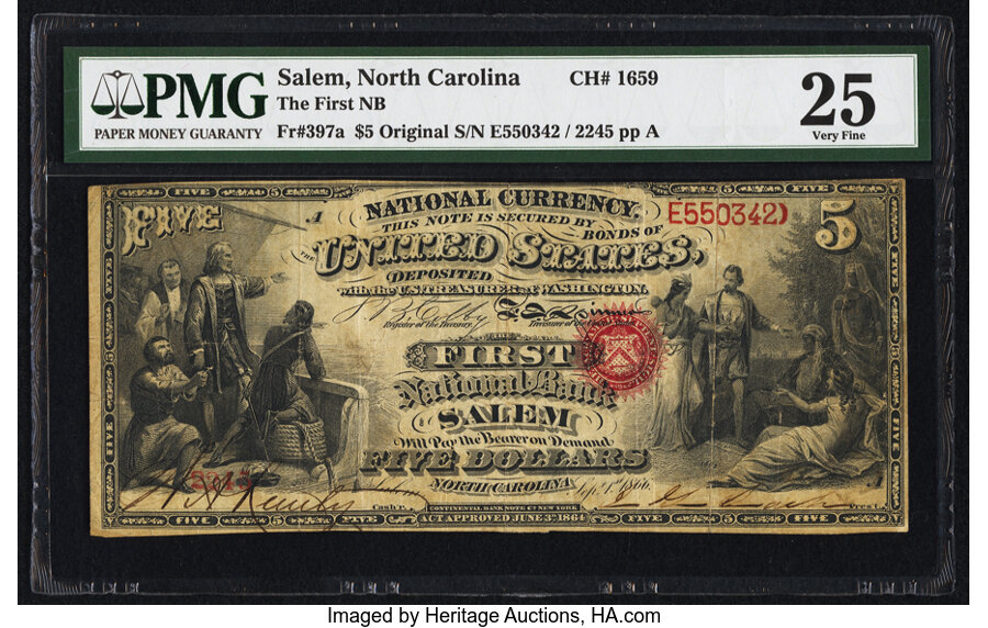 image for: Salem, NC - $5 Original Fr. 397a The First National Bank Ch. # 1659 PMG Very Fine 25....