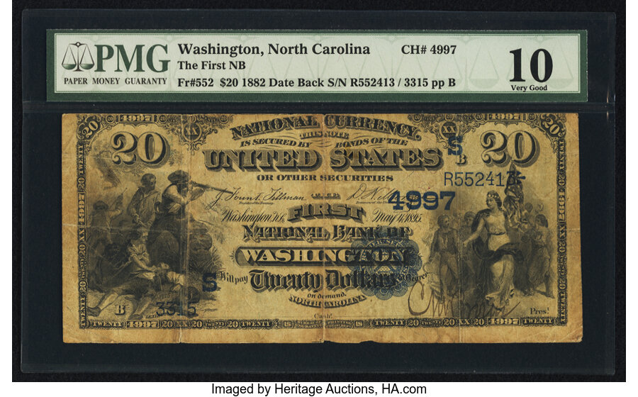 image for: Washington, NC - $20 1882 Date Back Fr. 552 The First National Bank Ch. # (S)4997 PMG Very Good 10....
