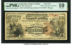 image for: Asheville, NC - $50 1882 Brown Back Fr. 517 The Blue Ridge National Bank Ch. # 5110 PMG Very Good 10....