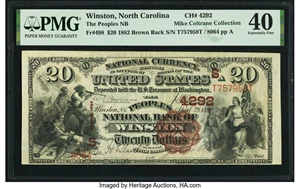 image for: Winston, NC - $20 1882 Brown Back Fr. 498 The Peoples National Bank Ch. # (S)4292 PMG Extremely Fine 40....