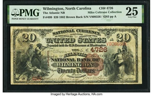 image for: Wilmington, NC - $20 1882 Brown Back Fr. 499 The Atlantic National Bank Ch. # 4726 PMG Very Fine 25....