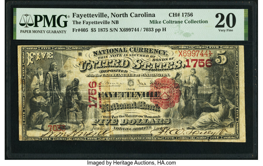 image for: Fayetteville, NC - $5 1875 Fr. 405 The Fayetteville National Bank Ch. # 1756 PMG Very Fine 20....