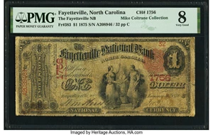 image for: Fayetteville, NC - $1 1875 Fr. 383 The Fayetteville National Bank Ch. # 1756 PMG Very Good 8....
