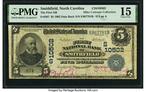 image for: Smithfield, NC - $5 1902 Date Back Fr. 597 The First National Bank Ch. # (S)10502 PMG Choice Fine 15....