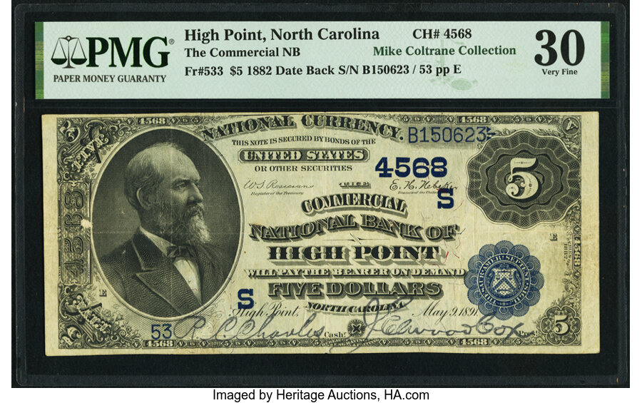 image for: High Point, NC - $5 1882 Date Back Fr. 533 The Commercial National Bank Ch. # (S)4568 PMG Very Fine 30....