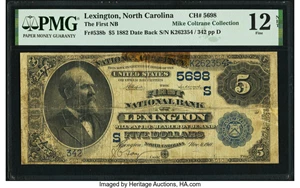 image for: Lexington, NC - $5 1882 Date Back Fr. 538b The First National Bank Ch. # (S)5698 PMG Fine 12 Net....