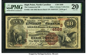 image for: High Point, NC - $10 1882 Brown Back Fr. 485 The Commercial National Bank Ch. # (S)4568 PMG Very Fine 20....