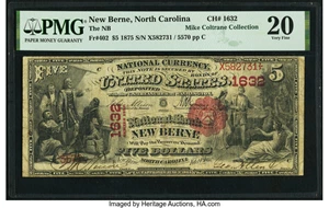image for: New Berne, NC - $5 1875 Fr. 402 The National Bank of New Berne Ch. # 1632 PMG Very Fine 20....